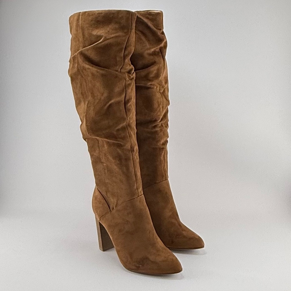 Cognac Brown Faux Suede Slouchy Knee High Block Heel Boots 8.5